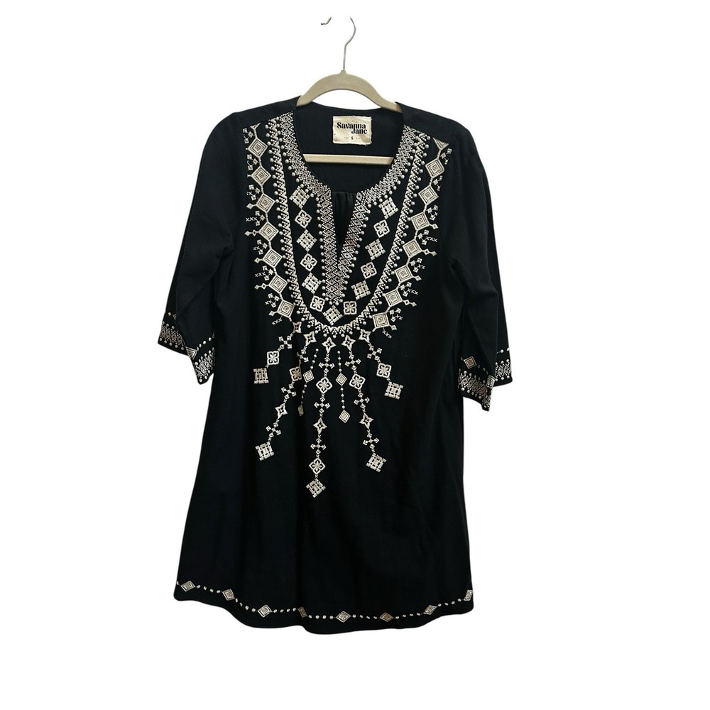 Savanna Jane Embroidered Linen Dress Womens Sz Small Black White Boho